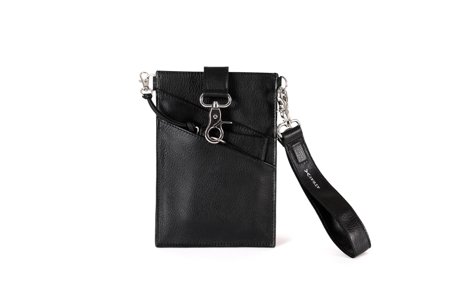 A black vegan leather phone pouch with a black vegan leather magnetic wristlet key chain and a black removable three pocket wallet.