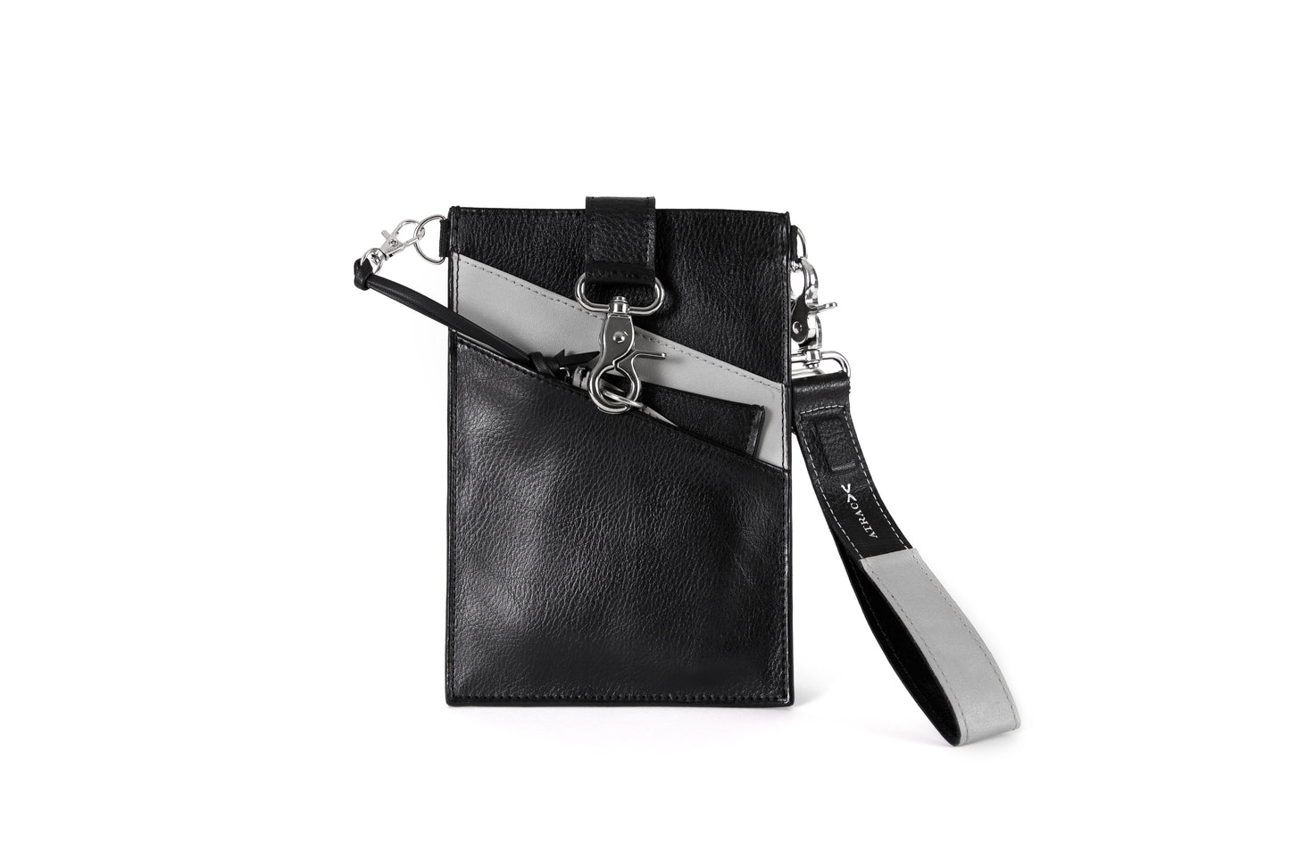 Black and gray, vegan leather phone pouch with a black and gray, vegan leather magnetic wristlet keychain and a black and gray removable three pocket wallet